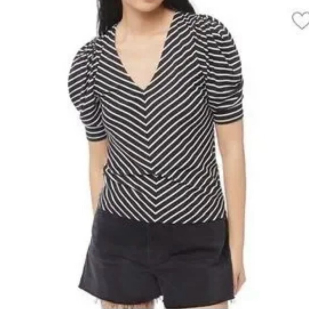 Frame Denim Striped V-Neck Puff Sleeve Top